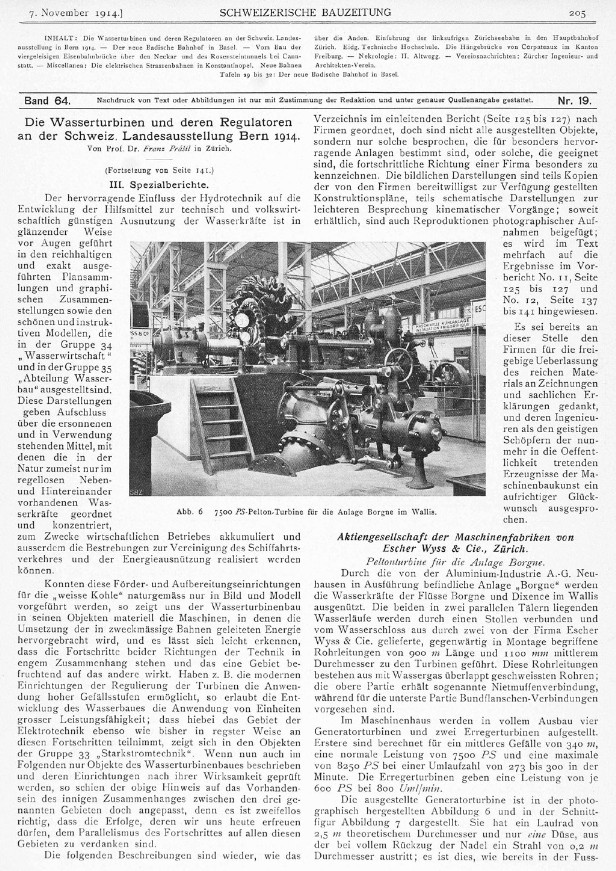 Die Wasserturbinen und deren Regulatoren an der Schweiz. Landesausstellung Bern 1914