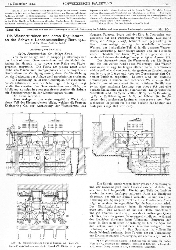 Die Wasserturbinen und deren Regulatoren an der Schweiz. Landesausstellung Bern 1914