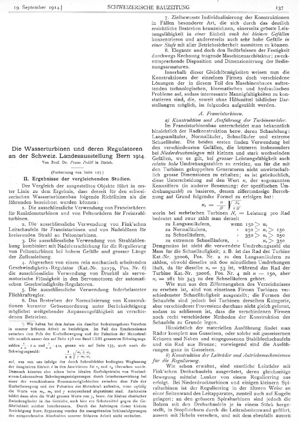 Die Wasserturbinen und deren Regulatoren an der Schweiz. Landesausstellung Bern 1914