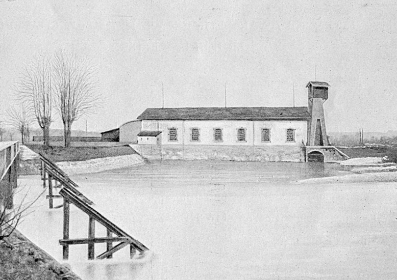 Kraftwerk des Aare-Emme-Kanals, Aufnahme nach Fertigstellung 1894, noch ohne Drahtseile